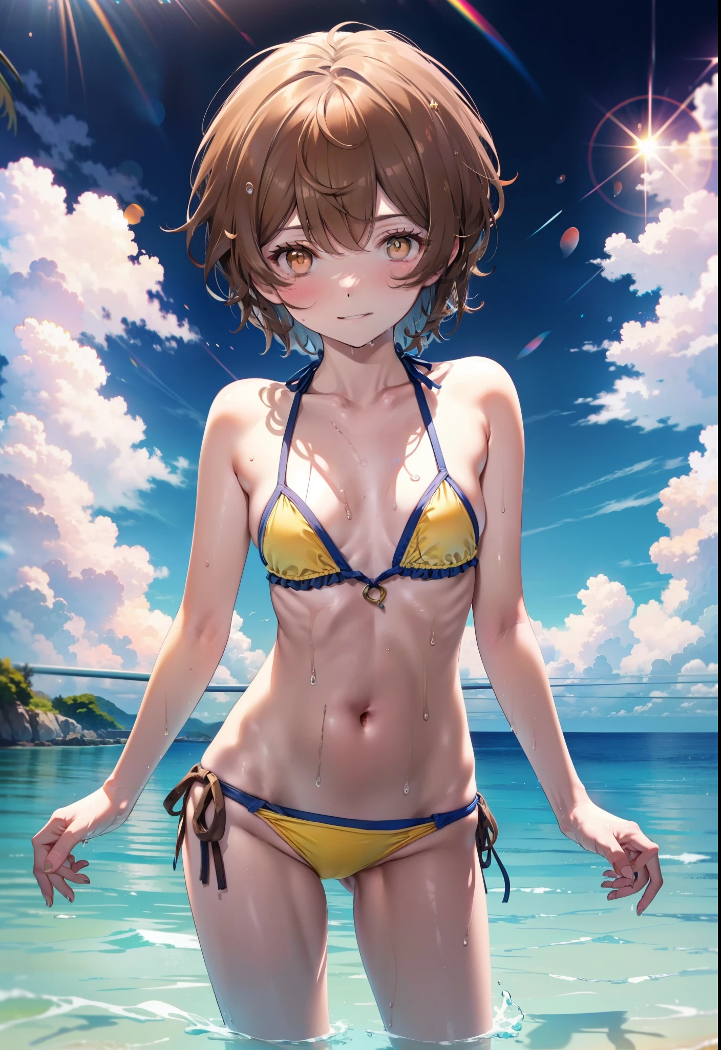 Lililukarde, (Brown eyes:1.7), Brown Hair,Short Hair, (Flat Chest:1.2), smile,short hair,Yellow bikini string swimsuit,Short denim,barefoot,Wet swimsuit,Wet Hair,Wet Skin,whole bodyがイラストに入るように,Water Play,True Summer,Daytime,Clear skies,
break looking at viewer,whole body, (Cowboy Shot:1. 5),
break outdoors, Beach,Ocean,
break (masterpiece:1.2), Highest quality, High resolution, unity 8k wallpaper, (figure:0.8), (Beautiful attention to detail:1.6), Highly detailed face, Perfect lighting, Highly detailed CG, (Perfect hands, Perfect Anatomy),