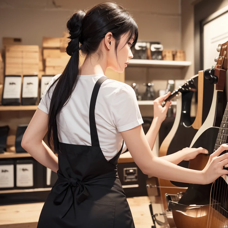 A realistic illustration of the back view of a stylish adult woman wearing a black apron with black hair tied back standing and cleaning in a guitar shop