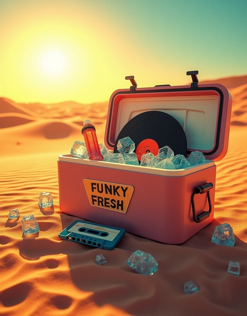 Une glacière de camping style 80's remplit de disques,de k7 et de Cd's et glaçons.Au milieu du désert avec le soleil . Écrire FUNKY FRESH sur la glacière