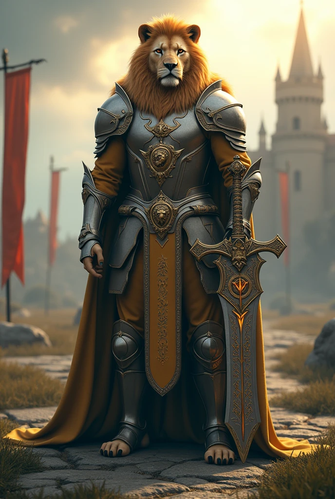 "Create an image 3d real of a majestic lion knight standing tall and proud in a medieval, fantasy-inspired setting. The knight has the powerful, regal body of a lion, with a golden mane that flows like a king’s crown, framing a face that combines both fierce, feline features and noble, human-like expressions. His eyes are sharp and intelligent, glowing with a deep wisdom and strength.
He is clad in a magnificent suit of armor, forged to fit his imposing, muscular form. The armor is intricately designed with a mix of ornate engravings and battle-worn scars, with plates that shimmer in silver and gold hues, reflecting the light. The chest plate features a prominent lion emblem, symbolizing his royal lineage and indomitable spirit. His gauntleted hands grip a massive, double-edged sword, the blade etched with ancient runes that pulse with a faint, magical light.
The background reveals a misty, ancient battlefield, with the remnants of a grand castle visible in the distance. The sky is overcast, with beams of sunlight breaking through the clouds, casting a dramatic glow over the scene. Around him, banners flutter in the wind, some tattered from previous battles, while the earth beneath his feet is a mix of lush grass and worn cobblestone, hinting at the battles fought and won