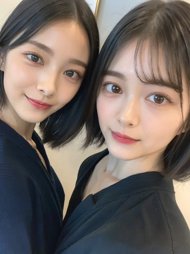 (masterpiece:1.3), (8k, Photoreal, Raw photo, best image quality: 1.4), Japanese high school girl、(random hairstyle:1.2)、cleavage:1.5、super detail face、eye for details、double eyelid、chest to chest、sharp focus:1.2、Beautiful woman:1.4、light brown hair、highest quality、masterpiece、超A high resolution、(Photoreal:1.4)、Highly detailed and professionally lit smiles、loose and light knitwear、shoulder out、thin、serious expression、short haired、deadly position
similar identical twins
All the girls have the exact same face, The two have the same face and figure, as if they were mirror images.