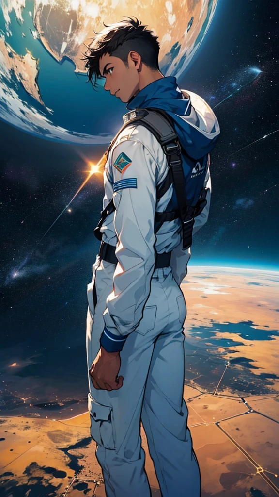 young man on the map of Brazil, Looking at the sky, Space View, constellation, plane, moonligh, meia moonligh, top view, top to bottom, standing backwards, distant image