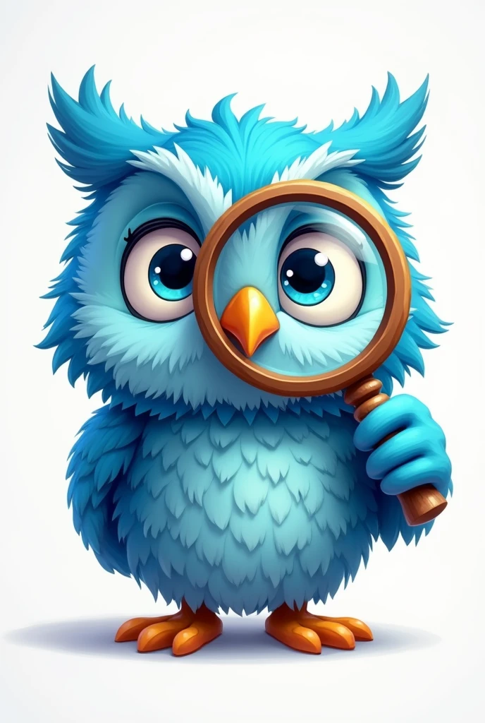 cartoon blue owl holding really big magnifyingn glass zoomed to the whole paper. one of the right eye is inside the magnifying glass less ai looking. the owl is facing me