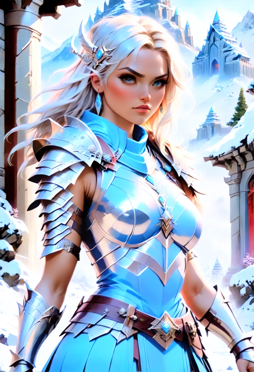 a fantasy art illustration of a female giant knight armed with a ((mighty axe: 1.5)) standing at the temple gates built on snowy mountain, (((she is as tall as the mountain: 1.3))) a wild beautiful, exotic beautiful giant knight, ((anatomically correct: 1.5), (ultra detailed face: 1.2), best detailed face, dynamic hair color, dynamic hair style, armed with a giant axe, shiny axe, its blade reflects the sunlight, studded with gems, wearing metal armor, dynamic armor color, wearing high heeled boots, standing near a fantasy temple, magnificent temple, with a tower, on snowy mountain (((she is as tall as the mountain:1.3))), vibrant, Hyperrealism style, vibrant, Ultra-high resolution, High Contrast, (masterpiece:1.5), highest quality, Best aesthetics), best details, best quality, highres, ultra wide angle, 16k, [ultra detailed], masterpiece, best quality, (extremely detailed) RAW, rpg portrait