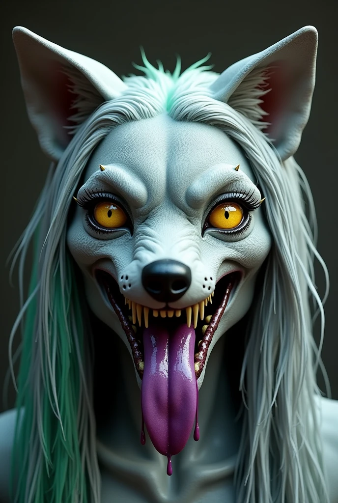 ro_xy, 1girl, animatronic wolf, gray skin, bright yellow eyes, purple lipstick, long and silver hair with green streak, piercing in the ears, tongue out, saliva on tongue, drool, burping,