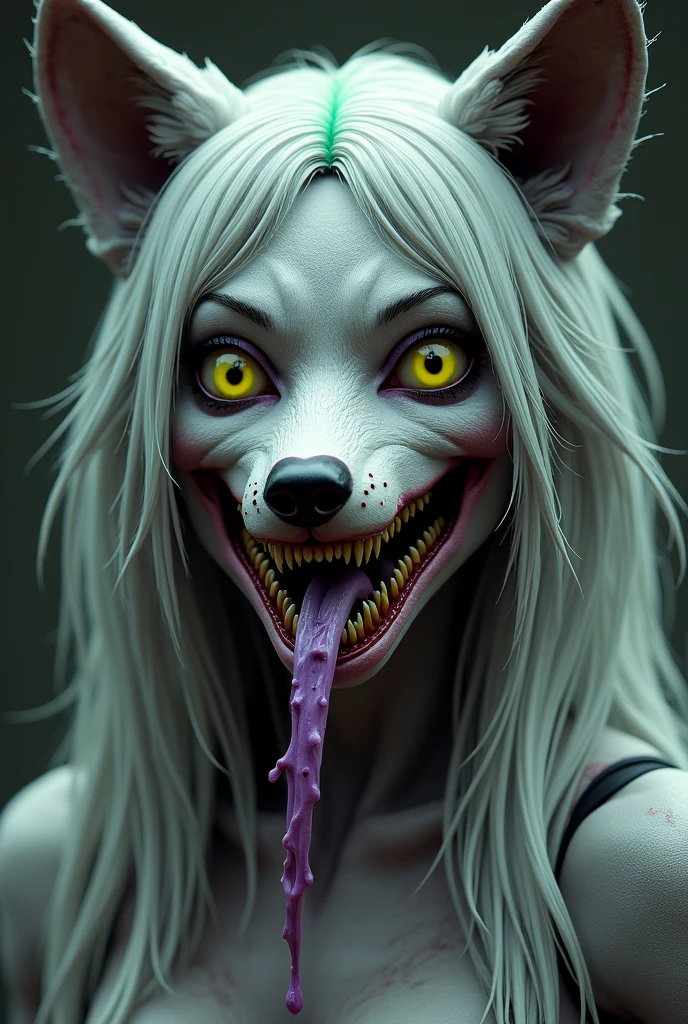 ro_xy, 1girl, animatronic wolf, gray skin, bright yellow eyes, purple lipstick, long and silver hair with green streak,  piercing in the ears, tongue out, saliva on tongue, drool, burping, 