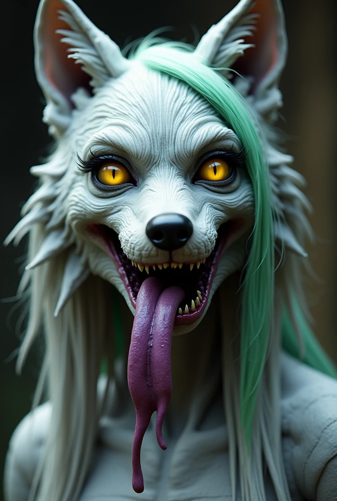 ro_xy, 1girl, animatronic wolf, gray skin, bright yellow eyes, purple lipstick, long and silver hair with green streak,  piercing in the ears, tongue out, saliva on tongue, drool, burping, 