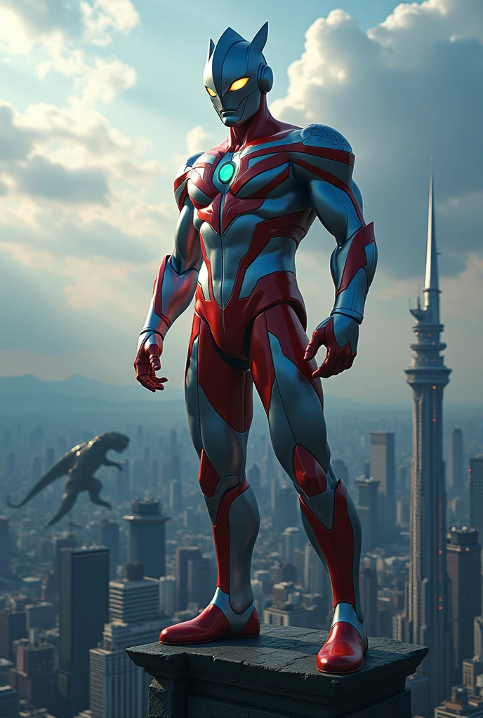 (1 ultraman sleeping on top of a skyscraper, hyperrealistic, extremely detailed, 8k, photographic, cinematic lighting, dramatic shadows, glowing energy aura, powerful, heroic, (muscular:1.2), (epic:1.2), (impressive:1.2)), Kaiju on background (city skyline in the background, modern architecture, glass and steel, (urban:1.1), (futuristic:1.1), (dynamic:1.1)), (dynamic angles, dramatic perspective, cinematic composition, (cinematic:1.2), (epic:1.2)), (highly detailed, extremely sharp focus, (realistic:1.37), (photorealistic:1.37), hyper detailed)