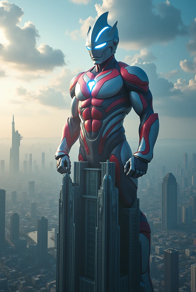 (1 ultraman sleeping on top of a skyscraper, hyperrealistic, extremely detailed, 8k, photographic, cinematic lighting, dramatic shadows, glowing energy aura, powerful, heroic, (muscular:1.2), (epic:1.2), (impressive:1.2)), Kaiju on background (city skyline in the background, modern architecture, glass and steel, (urban:1.1), (futuristic:1.1), (dynamic:1.1)), (dynamic angles, dramatic perspective, cinematic composition, (cinematic:1.2), (epic:1.2)), (highly detailed, extremely sharp focus, (realistic:1.37), (photorealistic:1.37), hyper detailed)