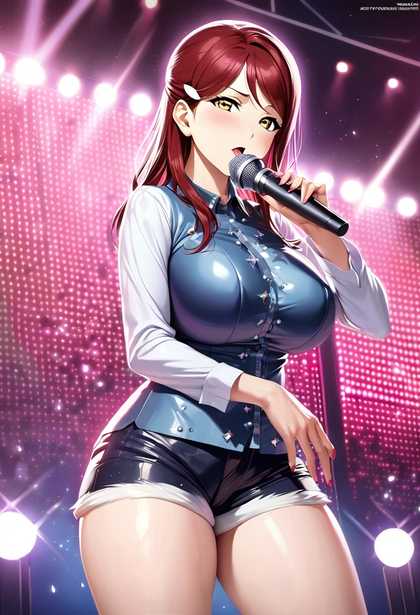 Hentai anime,hentai artist,masterpiece, best quality, realistic anime art, front light,solo, blue shiny top,long sleeved, short shorts,Crystal studded,idol, holding microphone,dark red hair , thighs,yellow eyes , sakurauchi riko love live, big breasts,standing , looking at viewer , on stage,(nsfw:0.9)