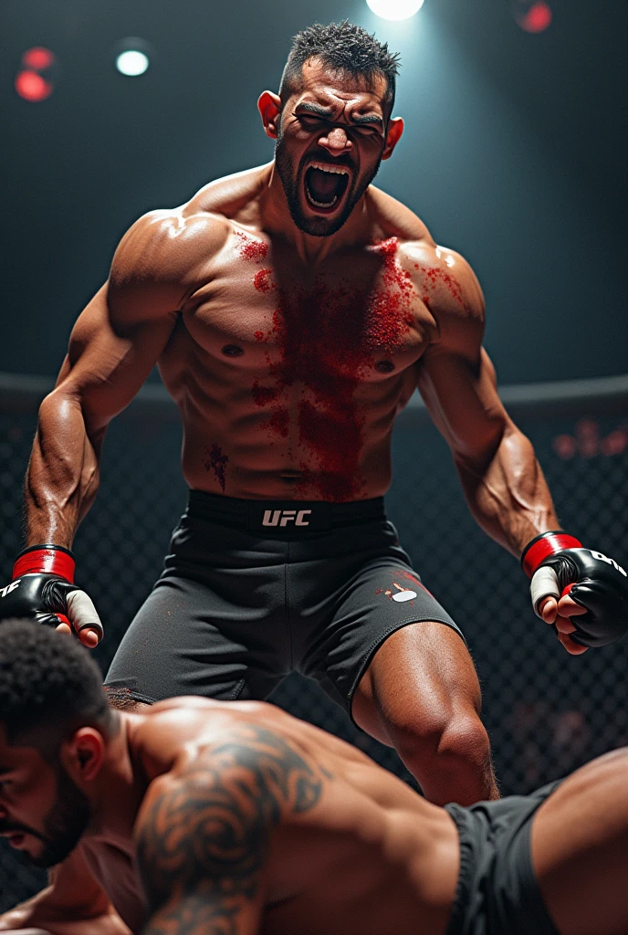 Black mma fighter smiling with blood on his face in the cage with knocked out opponent