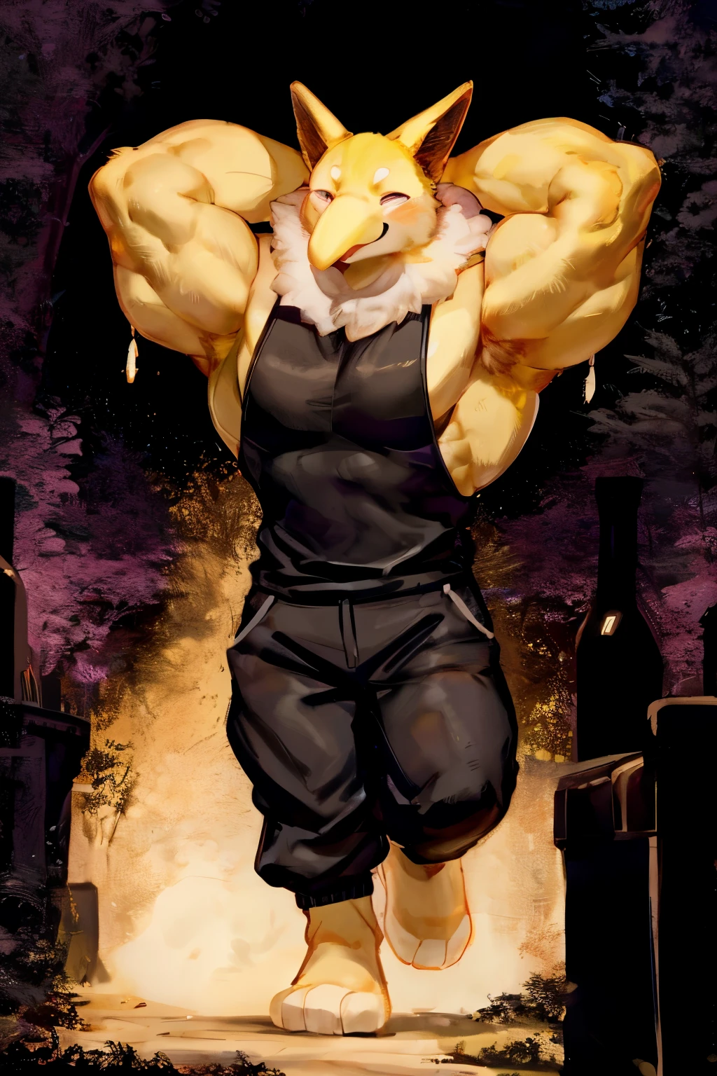 Furry, Anthro, solo, Hypno, Male, (((muscular body, massive male pectorals, yellow skin, fluffy neck, wearing white fur around neck))), ((((massive biceps, wide-eyed, head tilted, walking)))), ((((((massive bulky torso, hands behind head, happy, wearing black full male tanktop, wearing black sweatpants, barefoot)))))), full body, black/yellow spraypainted background, by buta99, by zackary911, by bebebebebe, (((digital painting)))