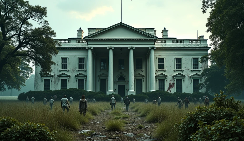American white house, damaged, abandoned, and many wild plants cover the walls of the building. Hundreds of Zombies