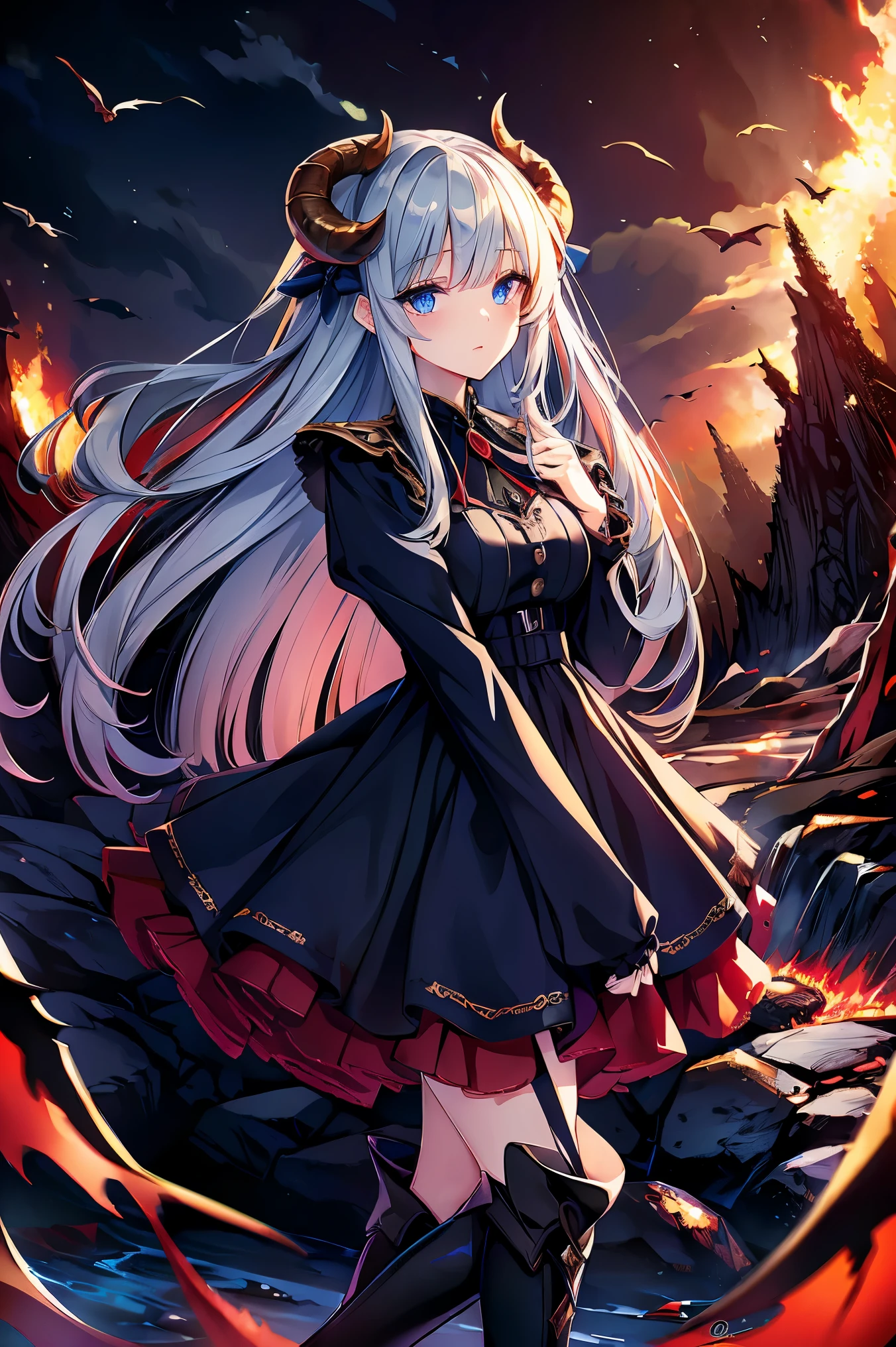 , perfect eyes, soft light, high quality, 4k resolution, masterpiece, textured skin, high details, detailed face, detailed eyes, best quality, award winning, super detail, high quality, A demon queen with goat horns, gothic lolita dress, residing in the depths of hell, Lava flow, Blue long hair, Light blue eyes, Red high heels, navy blue dress