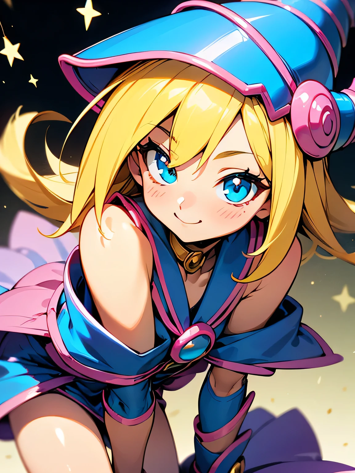 faceing viewer,独奏,16years old,Dark Magician Girl,Black Magician Girl,grin smile,Blonde Hair Color、(I am the star)、Model Pose,Pastel color cute world、(pastel color, white ,pink,Blue,yellow),animation,illustration,Best image quality,masterpiece