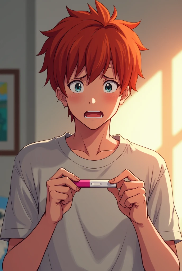 Young redhead 20 year old man with a pregnancy test in his hands anime style