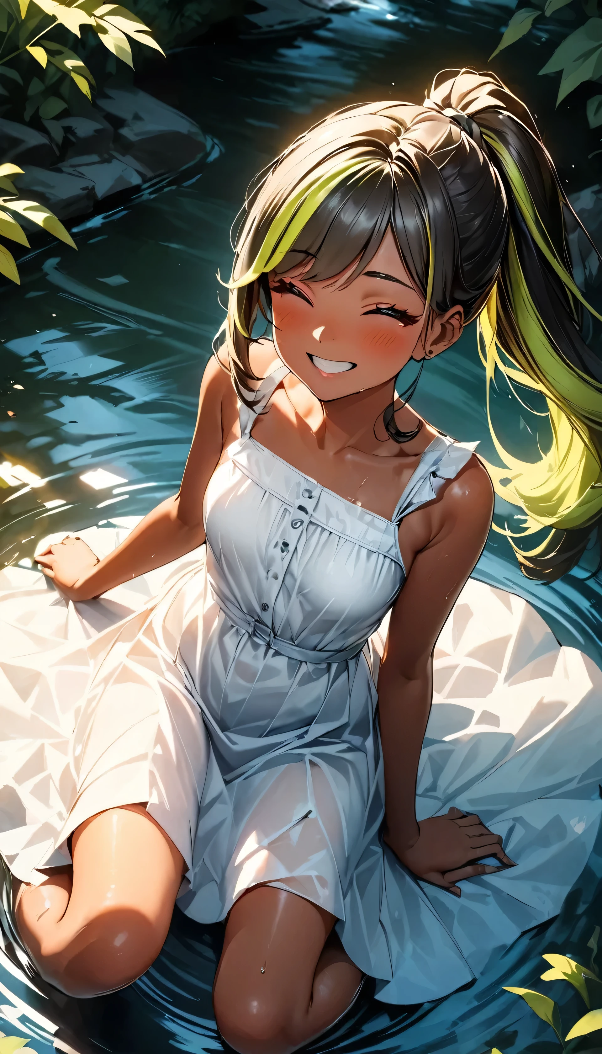 (highest quality:1.2, Very detailed, up to date, Vibrant, Ultra-high resolution, High Contrast, masterpiece:1.2, highest quality, Best aesthetics), Portraiture、girl、((25 years old:1.5)), (slim:1.2), 25-years-old, summer dress, barefoot, Bright colors、Playing in the flowing river, beautiful river, nature, Beautiful fine details、Beautiful lip detail、long hair, (ponytail:1.3), white and yellow green ((streaked hair:1.6)), highlights hair: 1.5, (small breast,:1) (tan skin:1.2), (happy:1.9), full body