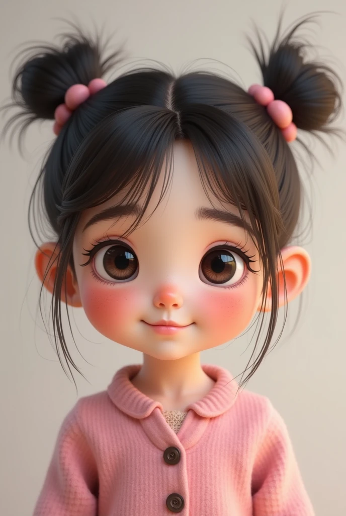1 cute girl, and expressions, cute, pink cardigan, black eyes, two knots, freckles, different emotions, 8K