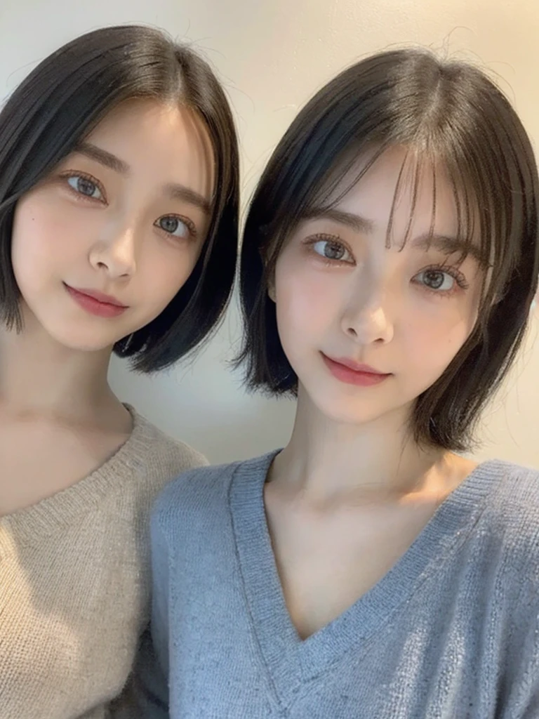 (masterpiece:1.3), (8k, Photoreal, Raw photo, best image quality: 1.4), Japanese high school girl、(random hairstyle:1.2)、cleavage:1.5、super detail face、eye for details、double eyelid、chest to chest、sharp focus:1.2、Beautiful woman:1.4、light brown hair、highest quality、masterpiece、超A high resolution、(Photoreal:1.4)、Highly detailed and professionally lit smiles、loose and light knitwear、shoulder out、thin、serious expression、short haired、deadly position
similar identical twins
All the girls have the exact same face, The two have the same face and figure, as if they were mirror images.