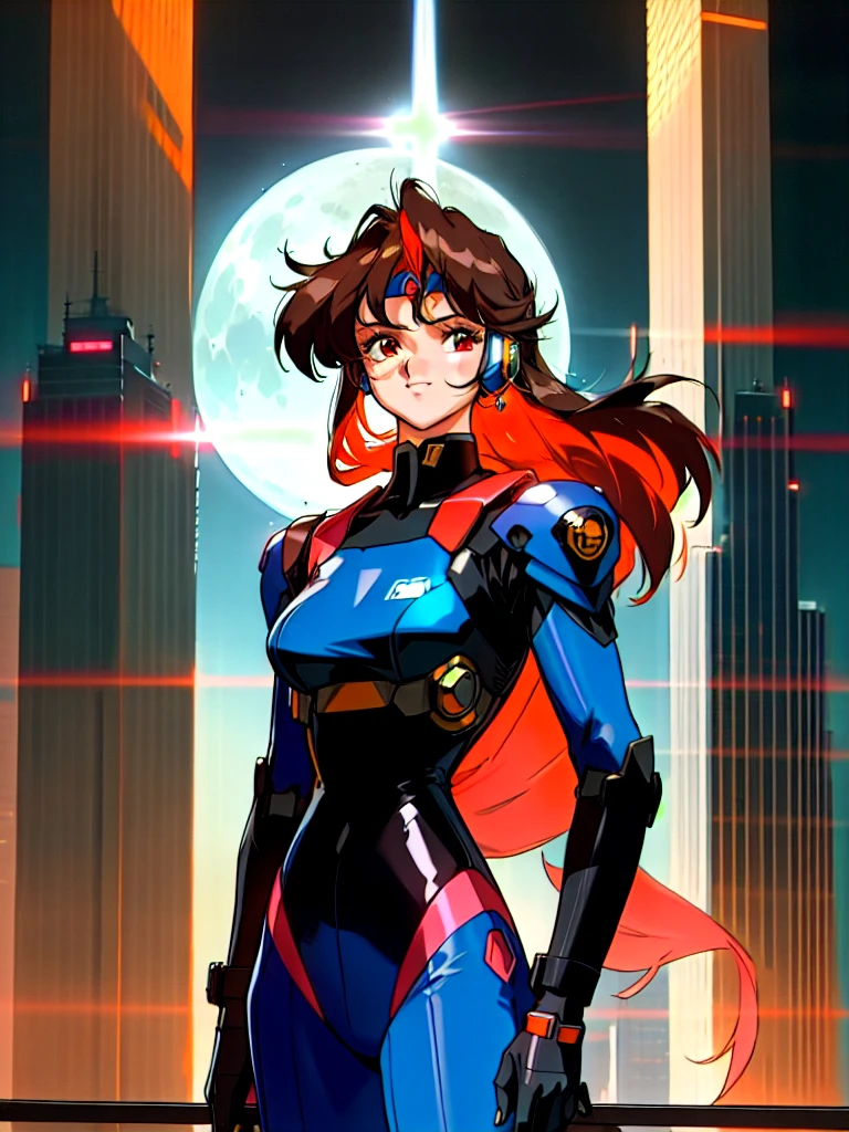 Kenichi Sonoda, retro art-style, 90s Japanese Anime Style, "bubblegum crisis", Sci-fi, Cyberpunk, Neon, (Amid the neon-soaked skyline of towering skyscrapers in mega Tokyo, 20-year-old anime beauty Priss stands alone on a gleaming skyscraper spire, bathed in the dazzling glow of the full moon. Her striking features are accentuated by a dark blue metal hard suit adorned with vibrant orange lines inspired by Syd Mead's industrial machine designs. Her brown medium-length hair frames her piercing gaze while she flashes a confident smile at the viewer. With fearless determination etched on her face, Priss is imposing and her entire presence exudes an aura of cool, stylish elegance. The smooth curves of her shadow, backlit by the moon, create a captivating silhouette, showcasing her unparalleled charm. (She takes off her uncomfortable full-face headset and lets her hair flow freely in the cool night breeze.), A beauty under the watchful eye of the city's towering skyscrapers.), 1girl, solo, The main character, "Priss", 20yo, anime beauty, Cool beauty, Unparalleled beauty, Brown medium length hair, forehead, red eyes, Cold and sharp eyes, harsh brushstrokes, dramatic lighting, A dark blue metal hard suit with orange lines has a sophisticated design, fearless look, an expression of ridicule, smile, Standing alone in the backlight, she looks cool and stylish, Standing, looking at viewer, Extreme close-up photography of upper body, from below, Depth of field, character focus, (masterpiece, Award-winning work, extreme quality, ultra high definition, all intricate, overall detailed, very aesthetic, boast pompously, focus on entire screen, asymmetrical, raytraced, caustics, textile shading, incredibly absurd resolution, absolutely resolution, ultra high resolution, professional, vivid colors, 16k, perfect anatomy, ideal facial features, Beautifully detailed face, Beautifully detailed eyes, ideally proportioned figure, perfectly beautiful body),
