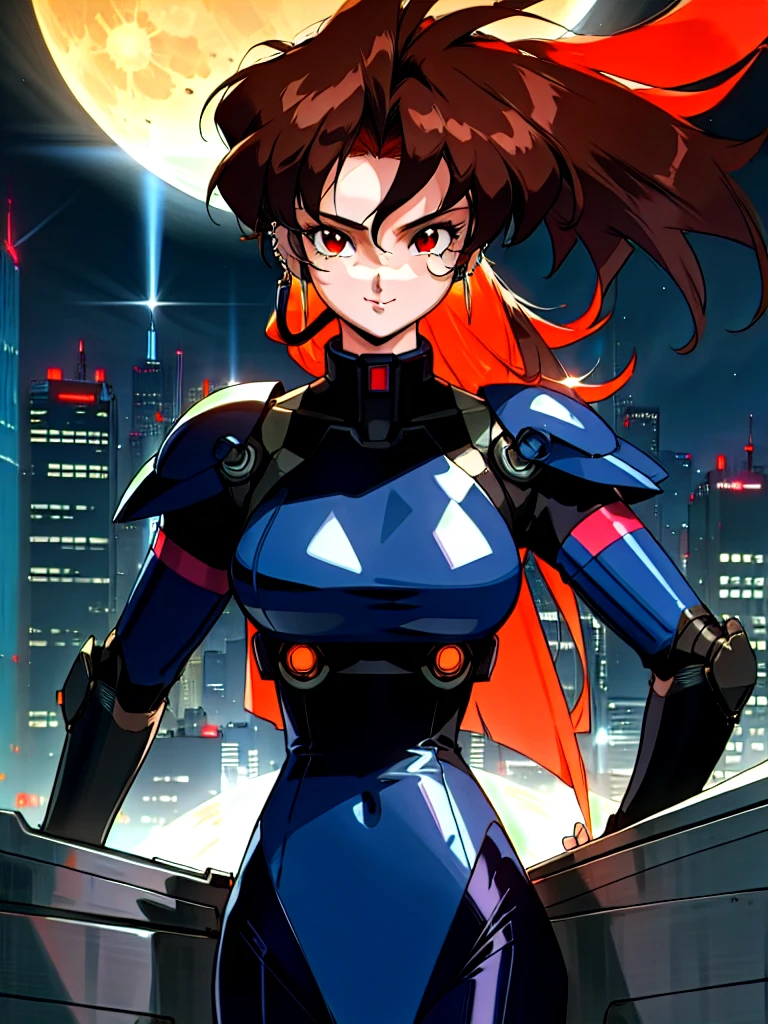 Kenichi Sonoda, retro art-style, 90s Japanese Anime Style, "bubblegum crisis", Sci-fi, Cyberpunk, Neon, (Amid the neon-soaked skyline of towering skyscrapers in mega Tokyo, 20-year-old anime beauty Priss stands alone on a gleaming skyscraper spire, bathed in the dazzling glow of the full moon. Her striking features are accentuated by a dark blue metal hard suit adorned with vibrant orange lines inspired by Syd Mead's industrial machine designs. Her brown medium-length hair frames her piercing gaze while she flashes a confident smile at the viewer. With fearless determination etched on her face, Priss is imposing and her entire presence exudes an aura of cool, stylish elegance. The smooth curves of her shadow, backlit by the moon, create a captivating silhouette, showcasing her unparalleled charm. (She takes off her uncomfortable full-face headset and lets her hair flow freely in the cool night breeze.), A beauty under the watchful eye of the city's towering skyscrapers.), 1girl, solo, The main character, "Priss", 20yo, anime beauty, Cool beauty, Unparalleled beauty, Brown medium length hair, forehead, red eyes, Cold and sharp eyes, harsh brushstrokes, dramatic lighting, A dark blue metal hard suit with orange lines has a sophisticated design, fearless look, an expression of ridicule, smile, Standing alone in the backlight, she looks cool and stylish, Standing, looking at viewer, Extreme close-up photography of upper body, from below, Depth of field, character focus, (masterpiece, Award-winning work, extreme quality, ultra high definition, all intricate, overall detailed, very aesthetic, boast pompously, focus on entire screen, asymmetrical, raytraced, caustics, textile shading, incredibly absurd resolution, absolutely resolution, ultra high resolution, professional, vivid colors, 16k, perfect anatomy, ideal facial features, Beautifully detailed face, Beautifully detailed eyes, ideally proportioned figure, perfectly beautiful body),
