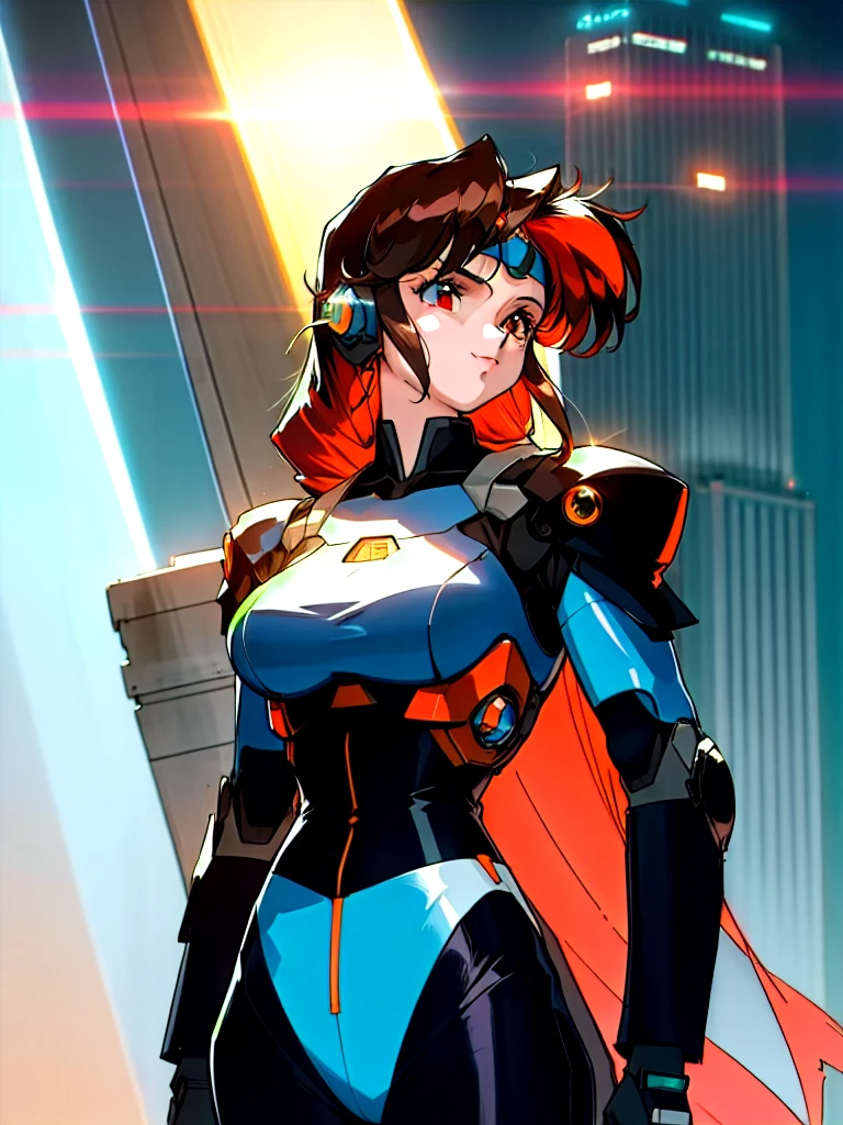 Kenichi Sonoda, retro art-style, 90s Japanese Anime Style, "bubblegum crisis", Sci-fi, Cyberpunk, Neon, (Amid the neon-soaked skyline of towering skyscrapers in mega Tokyo, 20-year-old anime beauty Priss stands alone on a gleaming skyscraper spire, bathed in the dazzling glow of the full moon. Her striking features are accentuated by a dark blue metal hard suit adorned with vibrant orange lines inspired by Syd Mead's industrial machine designs. Her brown medium-length hair frames her piercing gaze while she flashes a confident smile at the viewer. With fearless determination etched on her face, Priss is imposing and her entire presence exudes an aura of cool, stylish elegance. The smooth curves of her shadow, backlit by the moon, create a captivating silhouette, showcasing her unparalleled charm. (She takes off her uncomfortable full-face headset and lets her hair flow freely in the cool night breeze.), A beauty under the watchful eye of the city's towering skyscrapers.), 1girl, solo, The main character, "Priss", 20yo, anime beauty, Cool beauty, Unparalleled beauty, Brown medium length hair, forehead, red eyes, Cold and sharp eyes, harsh brushstrokes, dramatic lighting, A dark blue metal hard suit with orange lines has a sophisticated design, fearless look, an expression of ridicule, smile, Standing alone in the backlight, she looks cool and stylish, Standing, looking at viewer, Extreme close-up photography of upper body, from below, Depth of field, character focus, (masterpiece, Award-winning work, extreme quality, ultra high definition, all intricate, overall detailed, very aesthetic, boast pompously, focus on entire screen, asymmetrical, raytraced, caustics, textile shading, incredibly absurd resolution, absolutely resolution, ultra high resolution, professional, vivid colors, 16k, perfect anatomy, ideal facial features, Beautifully detailed face, Beautifully detailed eyes, ideally proportioned figure, perfectly beautiful body),
