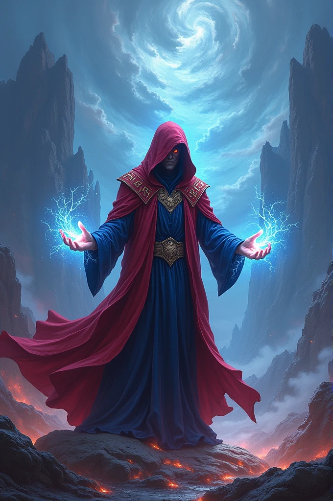 man in black ritual clothing, energy field outside the silver body, violet body aura, blue and red yng yang chest aura, fiery aspect in the eyes, darkness background, Morning Star