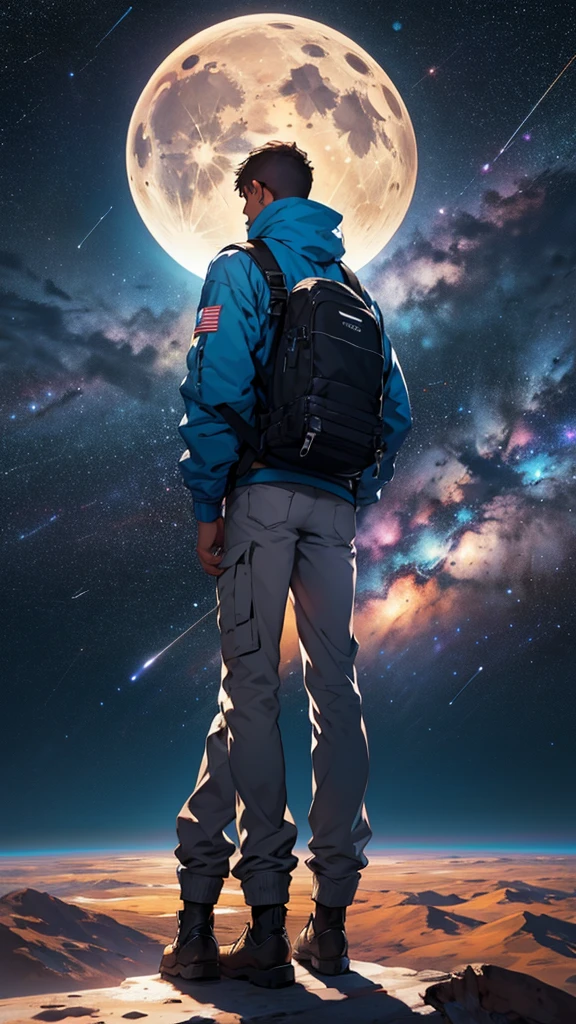 young man on the American continent, Looking at the sky, Space View, constellation, plane, moonligh, meia moonligh, top view, top to bottom, standing backwards, distant image
