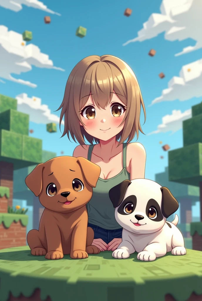 I want a souvenir photo, Of my two puppies, one was a year and a half old and brown, and the other was 2 months old and white with black spots., together with me, 21 year old woman, light brunette, small black hair, Brown eyes, that looks like behind a Minecraft sale, Let us see a landscape behind us, that it is style like anime