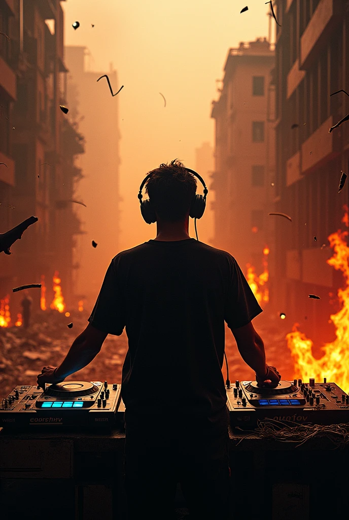 Dj mixing on controller in background a destroyed city and burning in flames musical notes 