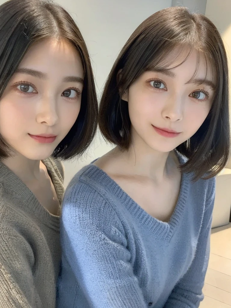 (masterpiece:1.3), (8k, Photoreal, Raw photo, best image quality: 1.4), Japanese high school girl、(random hairstyle:1.2)、cleavage:1.5、super detail face、eye for details、double eyelid、chest to chest、sharp focus:1.2、Beautiful woman:1.4、light brown hair、highest quality、masterpiece、超A high resolution、(Photoreal:1.4)、Highly detailed and professionally lit smiles、loose and light knitwear、shoulder out、thin、serious expression、short haired、deadly position
similar identical twins
All the girls have the exact same face, The two have the same face and figure, as if they were mirror images.
