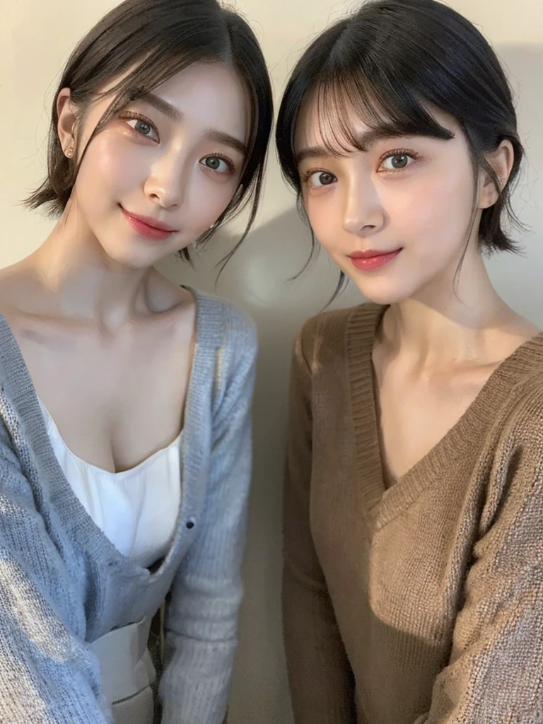 (masterpiece:1.3), (8k, Photoreal, Raw photo, best image quality: 1.4), Japanese high school girl、(random hairstyle:1.2)、cleavage:1.5、super detail face、eye for details、double eyelid、chest to chest、sharp focus:1.2、Beautiful woman:1.4、light brown hair、highest quality、masterpiece、超A high resolution、(Photoreal:1.4)、Highly detailed and professionally lit smiles、loose and light knitwear、shoulder out、thin、serious expression、short haired、deadly position
similar identical twins
All the girls have the exact same face, The two have the same face and figure, as if they were mirror images.