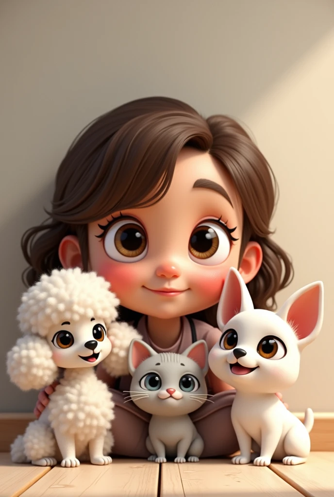 First put a girl with brown wavy hair combed to one side, slightly broad forehead and large brown eyes, Medium mouth with the lower lip slightly larger than the upper lip, chubby with slightly pink cheeks and short neck, with a wide texture; Second, put a white but flat poodle with ears that go from white to very light brown.; Third, put a light gray cat with white that goes from the eyes like a line and expands throughout the snout., with a pink nose and not so clear green eyes; Fourth, put a small, short-haired, white chihuahua with only one eye with a brown circle around the eye, all animated.