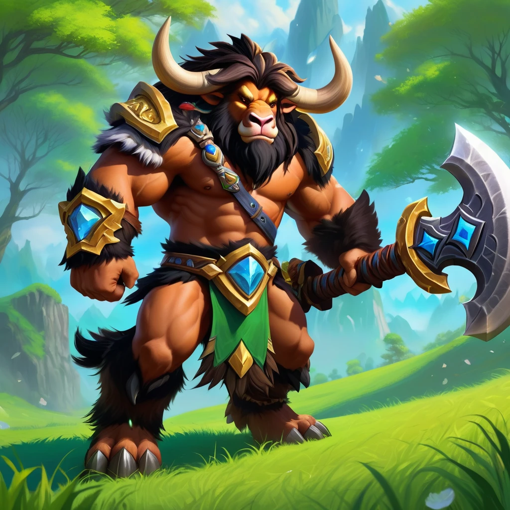《World of Warcraft》Characters in this game，In the vast continent of World of Warcraft，A majestic tauren hero，personification，Walking，Walking slowly on the green grass field。His tall body stands straight and upright，Deep eyes sparkle with wisdom。Thick hair fluttering in the breeze，As if it were part of the earth，Blend in with the nature around you。 The tauren hero carries a huge double-edged battle axe on his shoulders，The weapons are inlaid with precious gems，Exudes mysterious energy。His hands hold the hilt of the sword，Calm and powerful，It seems that he can easily chop down any enemy that stands in his way.。 Behind him，A group of loyal companions followed closely behind，Their steps are powerful，Radiating courage and determination。The Tauren hero&#39;s eyes sparkle with faith in justice and loyalty to the tribe.，They will fight alongside their companions，Defending the Homeland，Protecting world peace and order。 This scene seems to be frozen in the scroll of time.，Demonstrating the dignity and courage of the Tauren，Awe-inspiring，As if I could feel their power and glory。In the adventure of World of Warcraft，The Tauren heroes will continue to write their own legendary stories，Always remembered in the hearts of players。,