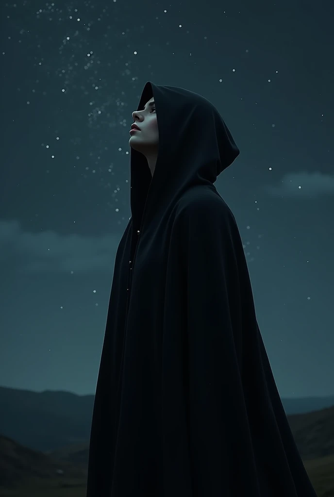Mysterious woman wearing a black cloak that doesn't show her face, she is watching the stars