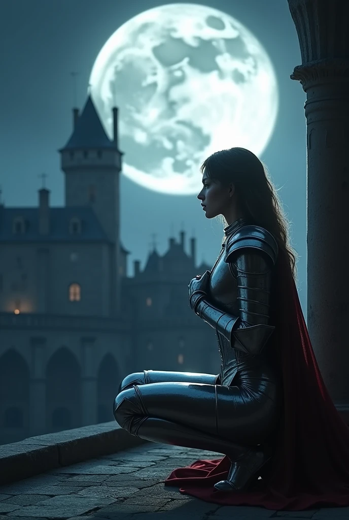 ((masterpiece, top quality, high resolution, highly detailed CG unified 8K wallpaper)), (huge stunning goddess shot, very hot and sexy, jaw dropping beauty, perfect proportions, beautiful body, slim body beauty:1.3), Moonlit Confession, On the balcony of an old castle at night, a female knight crouches on one knee and gazes at you, A female knight in medieval armor, crouching on one knee, administers the knightly oath to you, a huge full moon in the background, lighting from behind, hands on her chest as she offers you the knight's oath, silver armor shining in the moonlight,