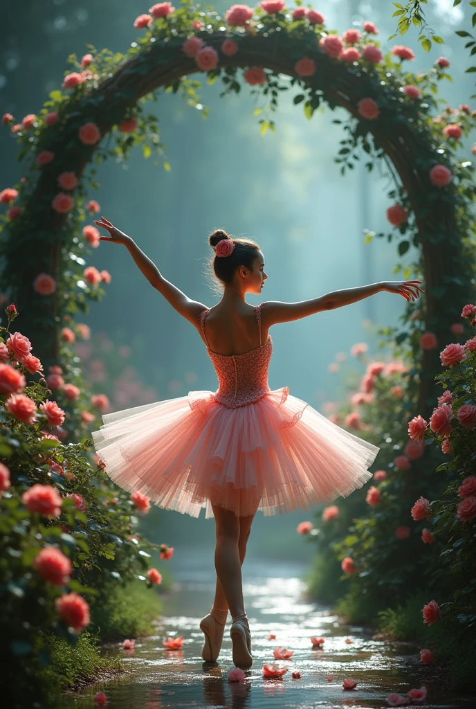 A mesmerizing ballet performance set in an enchanting garden filled with blooming roses. The scene centers around a graceful ballerina adorned in a delicate tutu made of rose petals. She performs elegant dance movements under a beautifully decorated archway, entwined with roses and vines. The background is dimly lit, highlighting the ballerina and creating a magical, ethereal atmosphere. The roses in the garden sway gently as if in sync with the ballerina's movements, adding to the dreamlike quality of the scene. Soft, classical music plays in the background, enhancing the beauty and serenity of the dance. The camera follows her fluid motions, capturing close-ups of her delicate gestures and the intricate details of the rose petals that adorn her dress, creating a captivating and poetic visual experience."