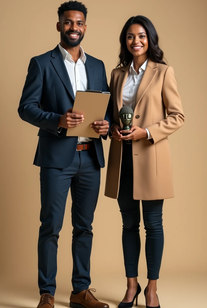 In the foreground, depict a smiling Brazilian male and female psychologist, both Afro-descendant, without any background. The male psychologist holds a clipboard, and the female psychologist holds a symbol or tool related to psychology, such as a small statue representing the mind. They stand confidently, exuding warmth and trustworthiness. The overall color palette includes natural tones, with professional yet approachable attire. The focus is entirely on the two psychologists, emphasizing their professionalism and friendly demeanor