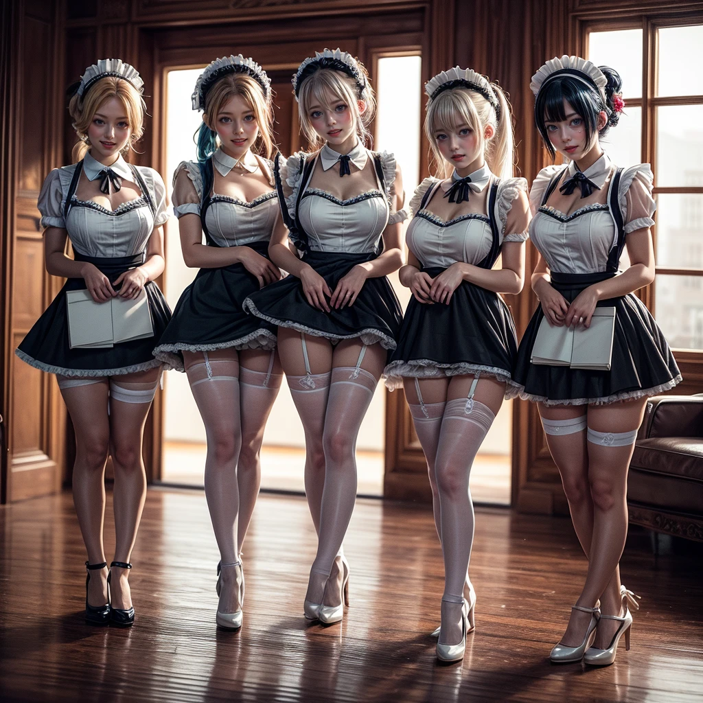 (Full Body of Extremely Detailed((Kawaii Maid Group in a row:1.37))), Cute perfect face, Reflective Eyes, Detailed(Delicate Clothing textures), Correct Leg Line, Dynamic Joyful Expressions LifeLike Rendering, Specular Reflection, TopQuality 8K Ultra-detailed masterpiece (ProfessionalPhoto:1.37), (Acutance:0.8), (Luminism:1.28), (Renaissance art style), Colorful Light particles, ((Full body from side)), {MicroMini Skirt|Kissing|Breast Lifting|Undressing|Thigh Gap|AssFocus}, Radiant Fine Skin with Transparency, (Exposed:0.5), (Different types of Anime hair color){Pink Hair|Blue Hair|Platinum Blonde|Pure White Hair|Liquid Hair}, Perfect Lighting