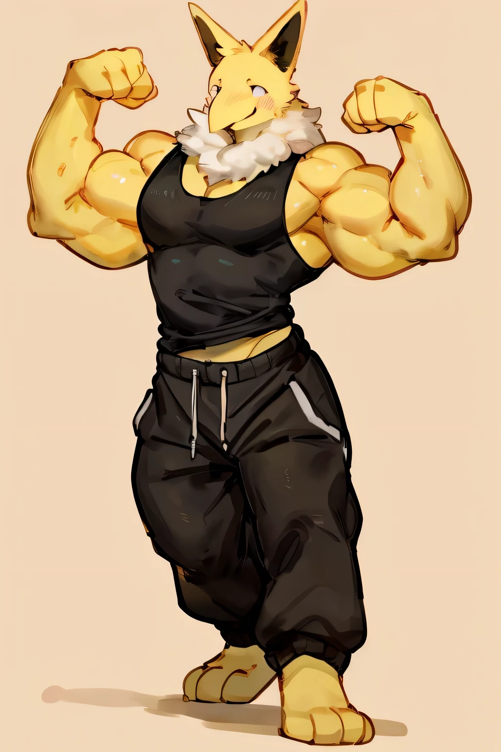 Furry, Anthro, solo, Hypno, Male, (((muscular body, massive male pectorals, yellow skin, fluffy neck, wearing white fur around neck))), ((((massive biceps, wide-eyed, head tilted, walking)))), ((((((massive bulky torso, flexing, happy, wearing black full male tanktop, wearing black sweatpants, barefoot)))))), full body, black/yellow spraypainted background, by buta99, by zackary911, by bebebebebe, (((digital painting)))