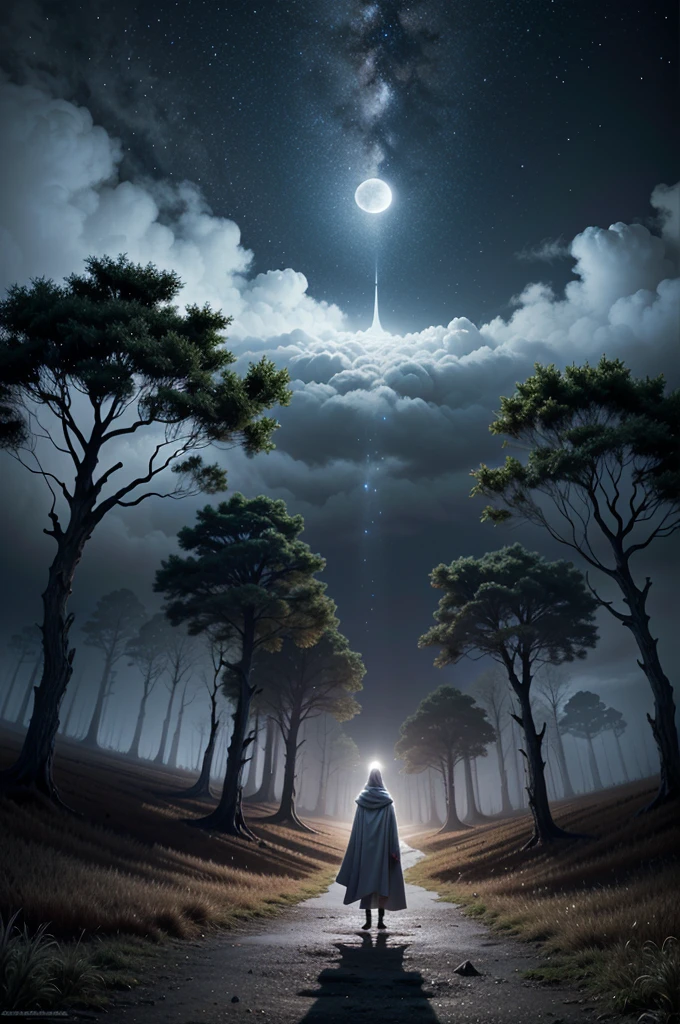 ((ultra detailed, masterpiece, best quality))
A mesmerizing conceptual art piece that showcases a full moon casting a soft, clear light across a surreal and enchanting landscape. The brightly dressed creature, adorned with a flowing cloak, stands out amongst the vivid surroundings, creating a cinematic scene. The landscape is filled with mystical elements such as twisted trees, ominous clouds, and an ethereal atmosphere. This evocative line art masterpiece embodies the essence of light fantasy, with an emphasis on luminosity and beauty, drawing the viewer into a world of tranquility and wonder., dark fantasy, anime, vibrant, cinematic, photo, conceptual art