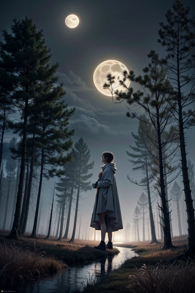 ((ultra detailed, masterpiece, best quality))
A mesmerizing conceptual art piece that showcases a full moon casting a soft, clear light across a surreal and enchanting landscape. The brightly dressed creature, adorned with a flowing cloak, stands out amongst the vivid surroundings, creating a cinematic scene. The landscape is filled with mystical elements such as twisted trees, ominous clouds, and an ethereal atmosphere. This evocative line art masterpiece embodies the essence of light fantasy, with an emphasis on luminosity and beauty, drawing the viewer into a world of tranquility and wonder., dark fantasy, anime, vibrant, cinematic, photo, conceptual art