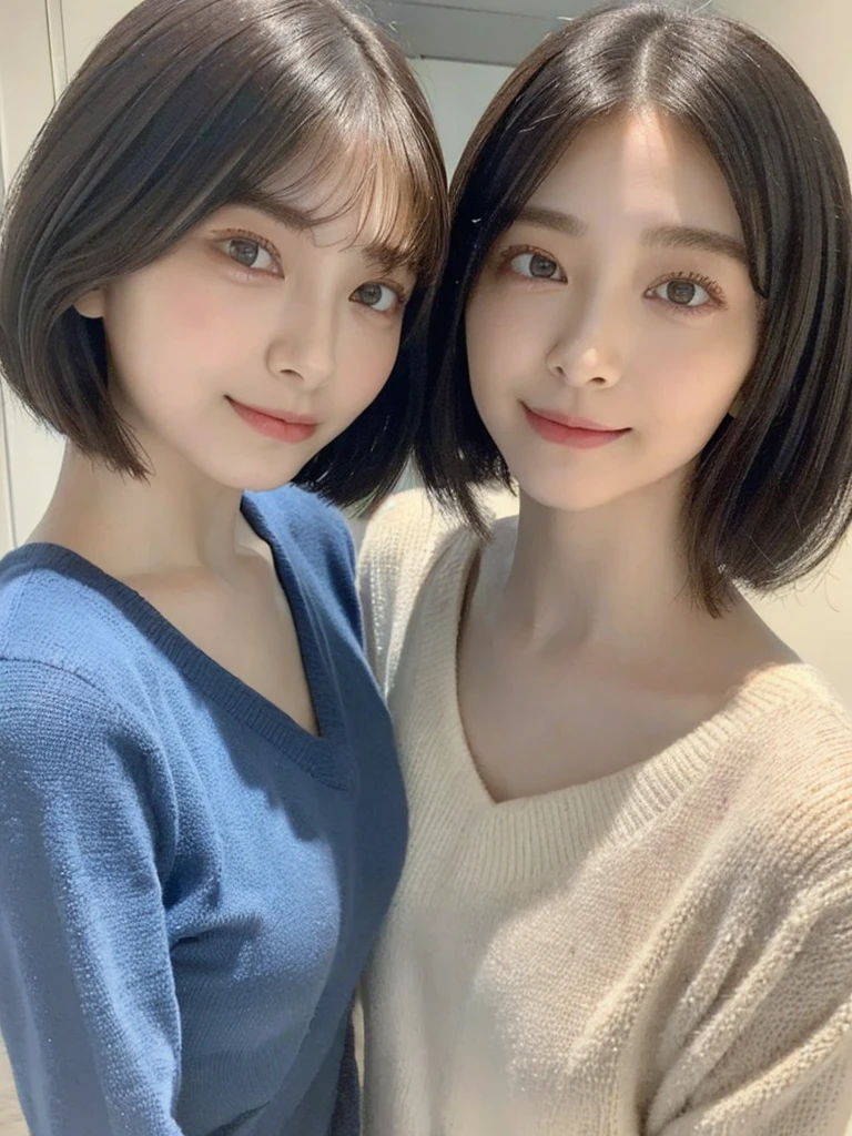(masterpiece:1.3), (8k, Photoreal, Raw photo, best image quality: 1.4), Japanese high school girl、(random hairstyle:1.2)、cleavage:1.5、super detail face、eye for details、double eyelid、chest to chest、sharp focus:1.2、Beautiful woman:1.4、light brown hair、highest quality、masterpiece、超A high resolution、(Photoreal:1.4)、Highly detailed and professionally lit smiles、loose and light knitwear、shoulder out、thin、serious expression、short haired、deadly position
similar identical twins
All the girls have the exact same face, The two have the same face and figure, as if they were mirror images.
