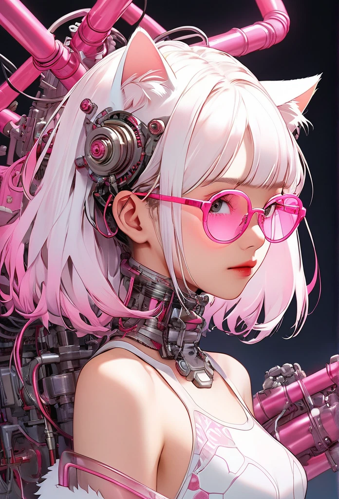 intricate illustration in imaginative and cyberpunk surrealist art style, bust of a translucent White short hair and black cat ears ether machine girl from a transparent large culture tank, She wears beautiful, angular pink glasses, and has fluffy white fur growing from behind her cat ears.pink and white mechanical body, pink tubes resembling blood vessels connected to neck and back, clear pink culture solution in the tank up to shoulders, tube connected to an external machine, girl with eyes closed looking down, high quality, high precision, 4k, 8k, ultra detailed