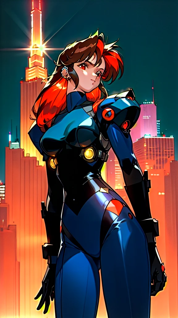 a beautiful young woman with a fit, toned body wearing a skin-tight bodysuit, big breasted, with electric belts and a visor with bunny ears, 4k, 8k, high resolution, masterpiece, photorealistic, detailed, dark sci-fi, cyberpunk, neon lights, glowing effects, long braided ponytail,