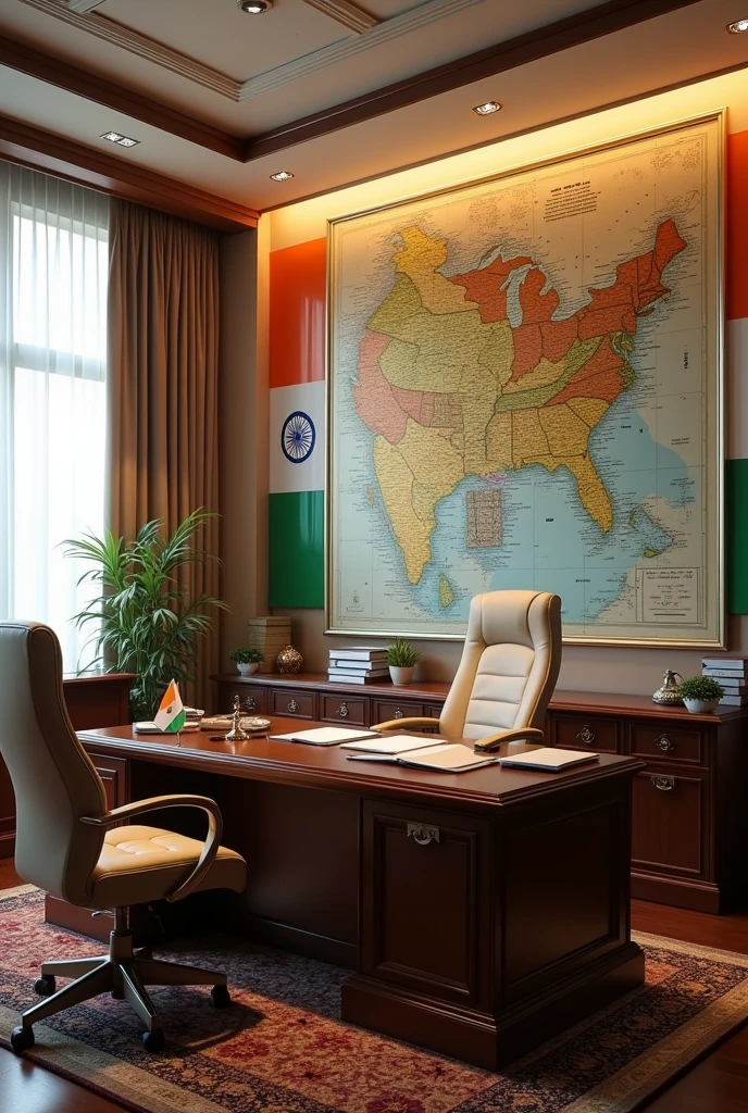 Creat a ias officer room .it includes Indian map on background of table and files small Indian flag on table ,chairs and etc
