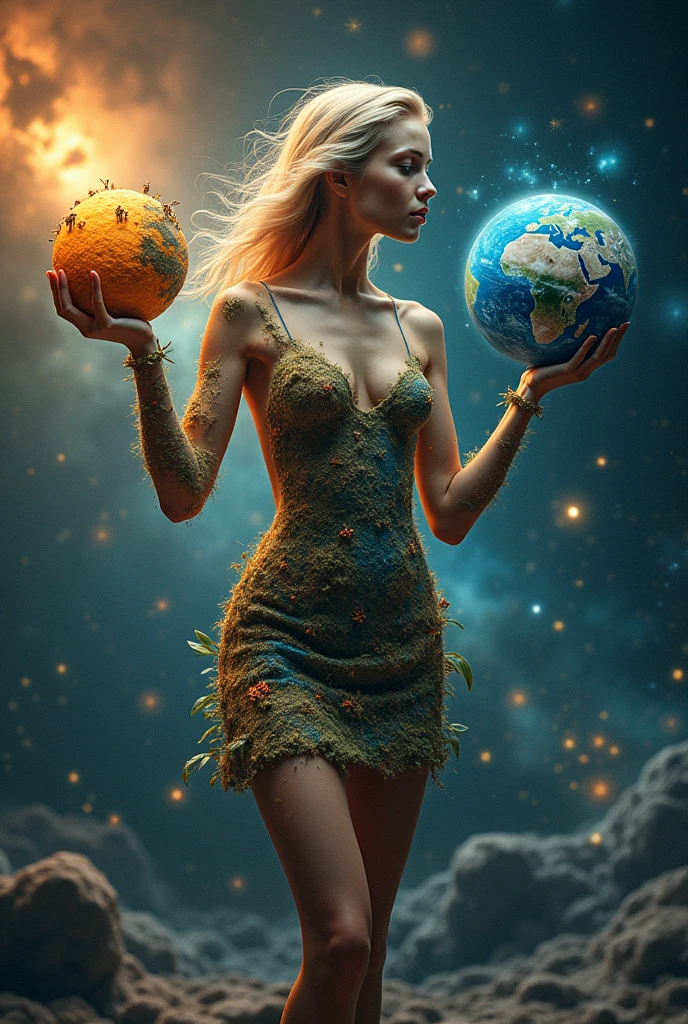 Create an image featuring a humanoid figure appearing to be made of stardust, where one can discern wisps of nebulae and constellations within this form. This figure has hair and is delicately holding the Earth in one hand. The Earth itself is teeming with diverse forms of life, represented through miniature depictions of various plants and human figures of diverse descents and genders dotting the landscape. In the other hand, this figure holds a different, unnamed planet. The background is a vast expanse of space, with the radiant sun on one side of the Earth and the moon casting its cool glow on the other side., cleavage, thigh, short skirt, sexy