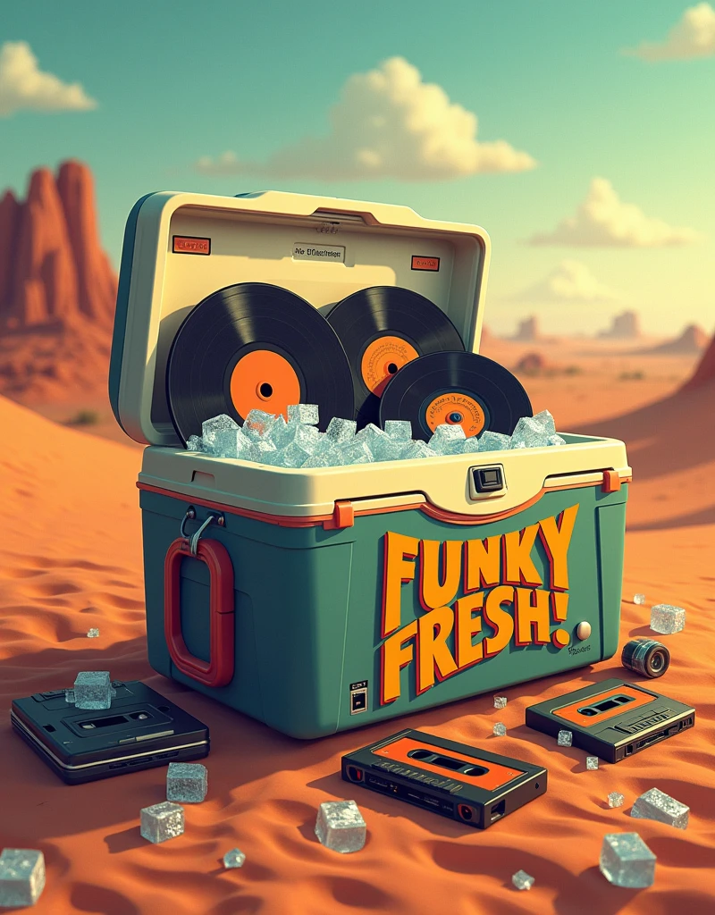 Une glacière de camping style 80's remplit de disques,de k7 et de Cd's et glaçons.Au milieu du désert avec le soleil . Écrire FUNKY FRESH sur la glacière et écrire Mac Dal et le Son du Jour sur le couvercle.