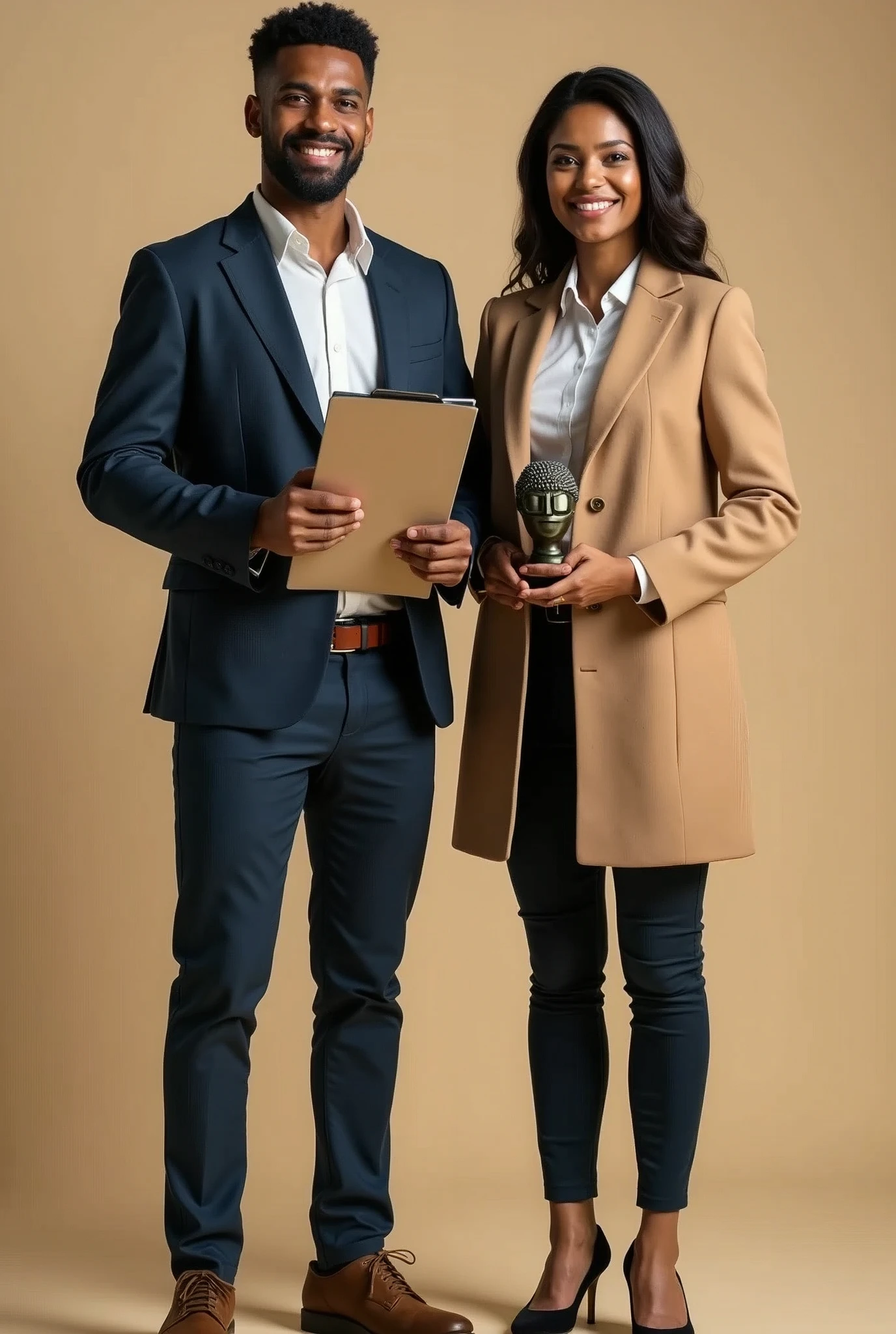 In the foreground, depict a smiling Brazilian male and female psychologist, both Afro-descendant, without any background. The male psychologist holds a clipboard, and the female psychologist holds a symbol or tool related to psychology, such as a small statue representing the mind. They stand confidently, exuding warmth and trustworthiness. The overall color palette includes natural tones, with professional yet approachable attire. The focus is entirely on the two psychologists, emphasizing their professionalism and friendly demeanor