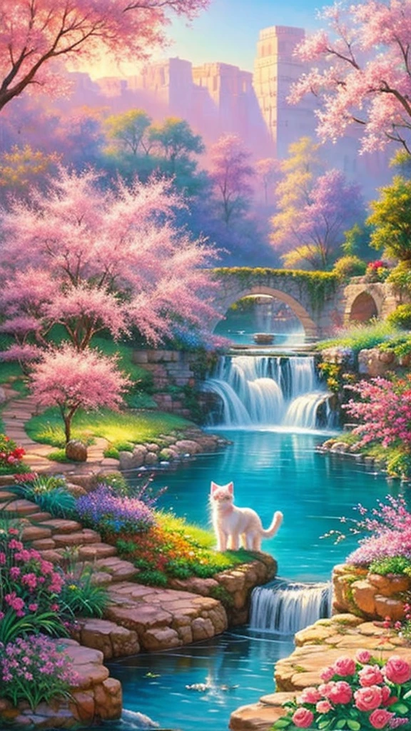 Cream-colored short-haired cat - Fantastic - Painting Style Waterfall Soft Painting Style Brightly colored Bright light a wonderful heavenly garden, rainbow reflected on a splendid river valley of eden sea a wonderful valley,Morning sun, river, rose, Pastel pink path, Beautiful atmosphere, dream , Israel, Almond Blossom Cream Cat, wonderful, Painting Style